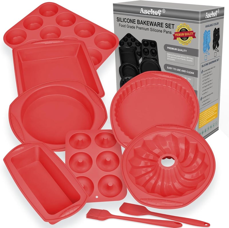 Aschef 9in1 Nonstick Silicone Baking Bundt Cake Pan Cookie Sheet Molds Tray Set for Oven, BPA Free Heat Resistant Bakeware Tools Kit for Muffin Loaf Bread Pizza Cheesecake Cupcake Pie Utensils, Red - Image 1
